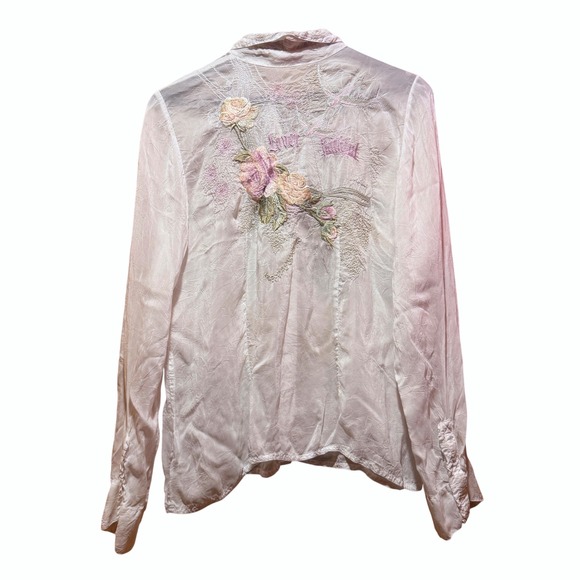 Johnny Was Tops - Johnny Was Embroidered Life & Liberty Sheer Blouse Flowers Wedding Bridal Btn Up